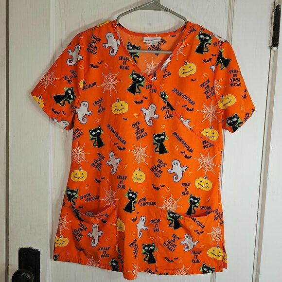 Scrubstar Womans Size Small Halloween Scrubs Top Pockets Cat Pumpkin Ghost Web - Picture 1 of 7